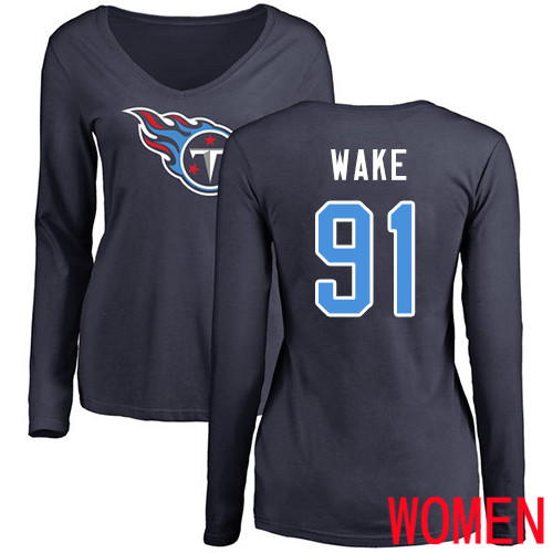 Tennessee Titans Navy Blue Women Cameron Wake Name and Number Logo NFL Football 91 Long Sleeve T Shirt